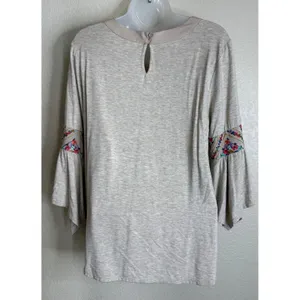 Democracy Womens Small Beige Top‎ Floral Embroidered Bell Sleeve Boho Festival thumbnail 2