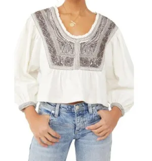 Free People Womens M Iggie Embroidered Blouse in Ivory/Black Bean NEW thumbnail 1