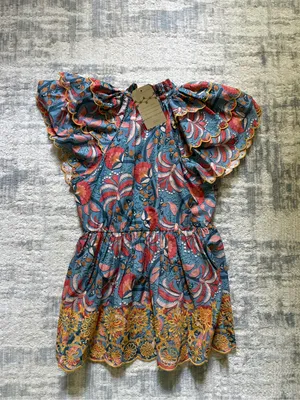 NWT FARM Rio Anthropologie Ruffled Short Dress — Blue with Coral & Mustard thumbnail 3