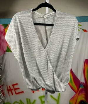 Lush Clothing P47. Light Gray Ribbed Wrap-Front V-Neck Tunic thumbnail 1