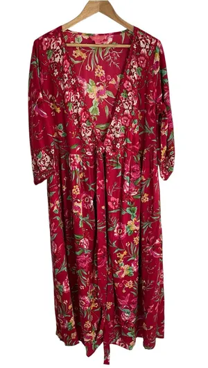 April Cornell Red Floral V Neck Milkweed Dress with Green Accents Size Medium thumbnail 1