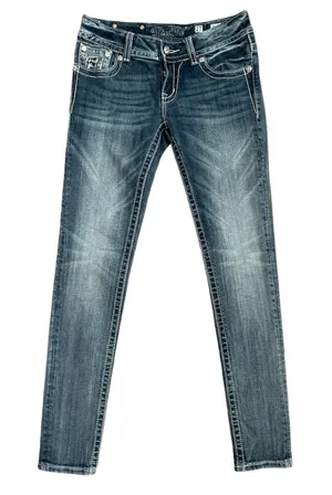 Miss Me Y2K Skinny Embellished Medium Wash Saddle Stitch Low Rise Jeans‎ Size 27 thumbnail 1