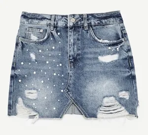 Zara Pearl Embellished Denim Mini Skirt thumbnail 1