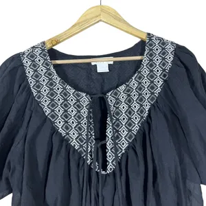 Life Embroidered Geometric Peasant Crop Top Black Boho Puff Sleeve Size L thumbnail 2