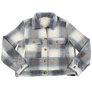 Umgee Shacket Women Small Blue Plaid Button‎ Up Long Sleeve Cropped Jacket thumbnail 2