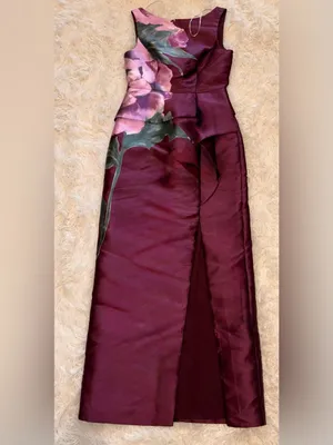 NEW NEW, Kay Unger Luciana Placed Floral Column Sleeveless Gown Mulberry Sz 0 thumbnail 4