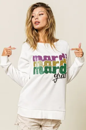 BiBi Mardi Gras Glitter Lettering Sweatshirt - Off White - Large thumbnail 1