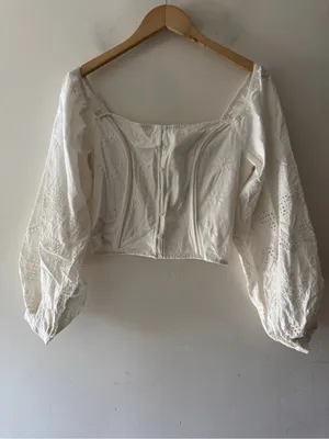 Free People White Eyelet Off Shoulder Milkmaid Peasant Crop Top Boho thumbnail 3