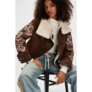 Free People Andies Vegan Moto Jacket Embroidered Floral Brown Bear Small NWT‎ thumbnail 13