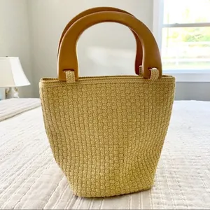 Talbots Woven Bucket Purse w/ Wooden Handles thumbnail 1