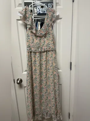 Astr Floral Ruffle Maxi Dress in Pink and Cream thumbnail 4
