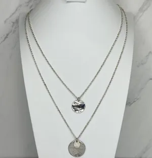 Chico's Layered Hammered Disc Rhinestone Silver Long Necklace ✨ thumbnail 1
