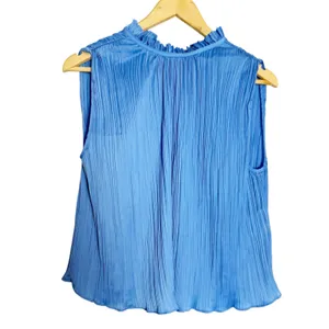 Zara Solid Blue Plisse Pleated Ruffle Neck Sleeveless Blogger Office Top Size XS thumbnail 2
