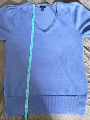 Ann Taylor Factory Blue Short Sleeve Puff Sleeve V-Neck Knit Sweater Top Size M thumbnail 6