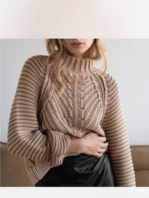 Free People Tan Knitted Chunky Cropped Sweater, Medium thumbnail 2