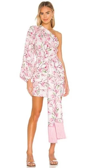 BRONX AND BANCO Layla Floral Pink White One Shoulder Silk Bow Mini Dress Size S thumbnail 1