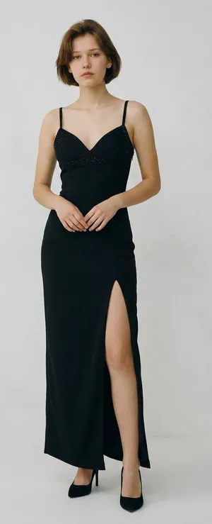 Niteline 6 floor-length black slip gown beaded formal wedding guest ball gala thumbnail 1