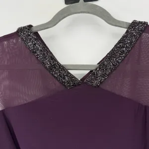 Lauren Ralph Lauren Purple Beaded Mesh V-Neck Ruched Sheath Dress‎ 10 Party thumbnail 3