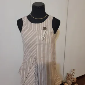 Orchestra France Taupe Striped Asymmetrical Mini Dress 100% Cotton thumbnail 3