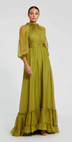 Mac Duggal Size 20 Olive Green Plus Size Chiffon Ruffle High Neck Maxi Gown thumbnail 1