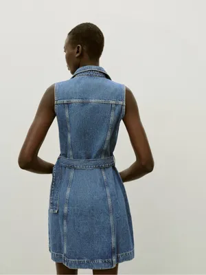 Zara Sleeveless Denim Button-Front Mini Dress in Blue with Belt thumbnail 5