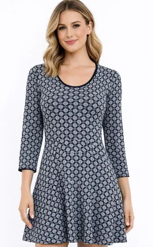 Boden‎ Size 4R Glamorous Metallic Knit Dress Blue Geometric Print Long Sleeves thumbnail 1