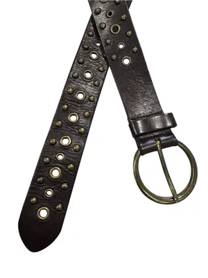 Fossil Dark Brown Genuine Leather Eyelet Studded Belt Round Brass Buckle thumbnail 4