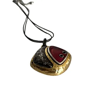 Chico's Abstract Geometric 90s Enamel Pendant Necklace Y2K Boho Leather Strap thumbnail 3