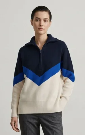Lou & Grey Womens Small Cotton Chevron Colorblock Quarter Zip Sweater Navy Cream thumbnail 1