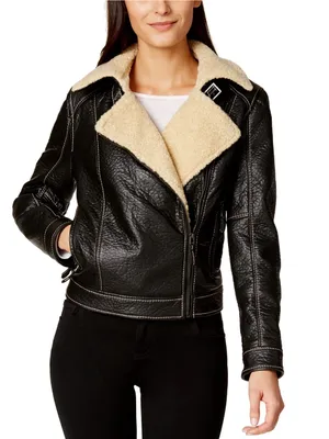 Studio M Women’s Size XS Faux Leather Jacket Black Sherpa Textured Wool Trim thumbnail 1