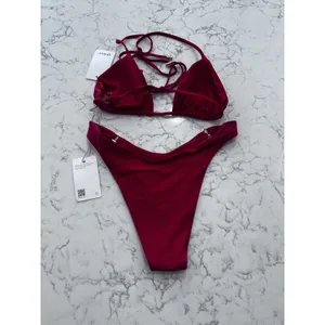 NWT Quince Cherry Red Italian Triangle Bikini Top & High Leg Ring Bottom Small thumbnail 2