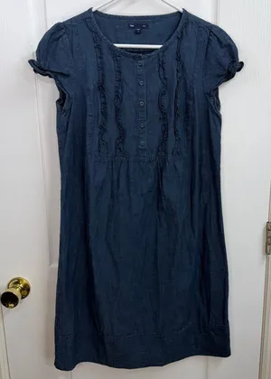 Vintage GAP dark blue ruffle cap sleeve‎ knee casual dress cottagecore button M thumbnail 1