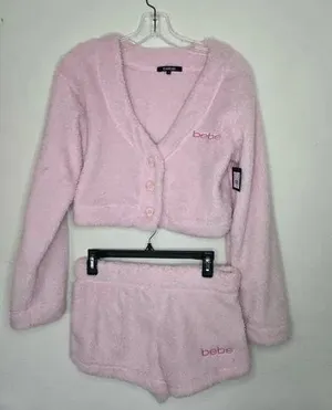 NWT Bebe Fuzzy Lace Pink Fleece Pajamas Set Size Extra Small thumbnail 1