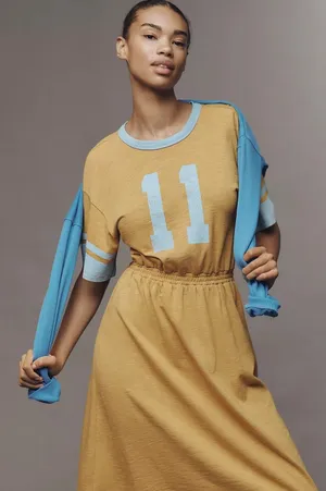 Sundry Rugby Slub Midi Dress Mustard Yellow Blue Varsity Graphic Retro‎ Sport XS thumbnail 1