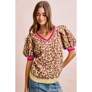 BiBi Leopard Pattern Puff Sleeve V thumbnail 3