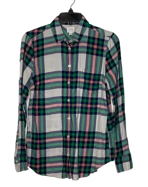 J. Crew‎ Flannel Shirt Size XS Boy Fit Green Pink White Plaid 100% Cotton Womens thumbnail 1