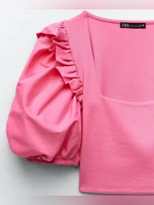 ZARA Hot Pink Puff Sleeve Square Neck Ribbed Crop Top thumbnail 4