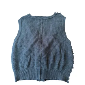 Free People Black Cable Knit Sweater Vest V-Neck Button Front Frayed Edge Large thumbnail 2