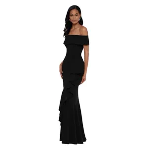 Betsy & Adam BLACK OFF THE SHOULDER Crepe RUFFLE Mermaid GOWN Size 2 Petite thumbnail 2