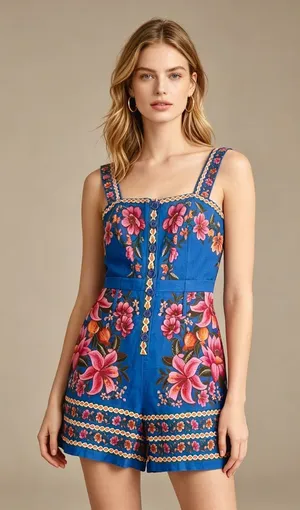 NWOT Farm Rio Linen Blend Floral Print Romper Size S thumbnail 1