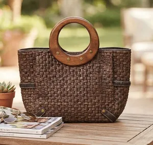 Vintage Fossil Woven Straw & Leather Handbag with Wooden Ring Handles thumbnail 1
