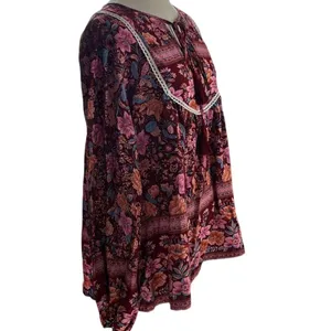 Pretty Garden Boho Cottagecore Blouse Large Pink Floral Tie Neck‎ Peasant Top thumbnail 3