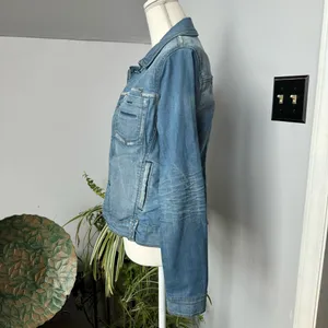 Yanuk Distressed 6 Pocket Distressed Denim Blue Jean Jacket Y2K size Small‎ thumbnail 3