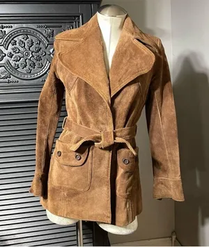 Vintage 70s Suede Leather Belted Mini‎ Trench Jacket Brown 9/10 thumbnail 1