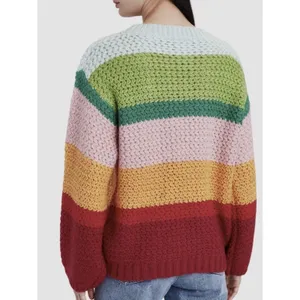 FARM Rio Women’s S Multicolor Rainbow Stripe Open Knit Crewneck Sweater Wool thumbnail 2