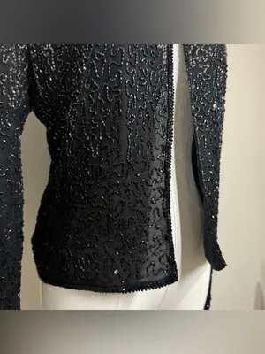90s STÉNAY Beaded 100% Silk Bolero Jacket | Black Silver Sequin Evening thumbnail 3