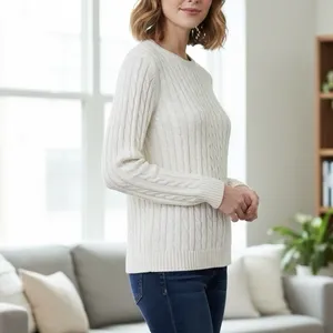 LL Bean Ivory Pullover Cable Crew‎ Neck Long Sleeve Cotton Sweater Size MEDIUM thumbnail 2