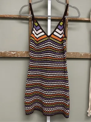 Boho Crochet Knit Mini Dress Striped Festival Y2K Indie Size M thumbnail 5