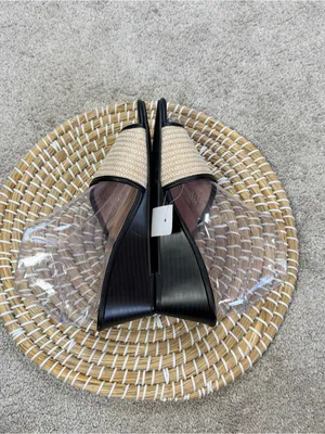 Ann Taylor Factory Women’s Slip-On Leather Raffia Wedge Sandals in Black Cream 8 thumbnail 6