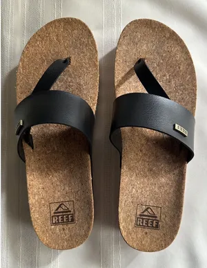 REEF Cushion Sol Hi Platform Flip Flop Sandals Black Tan Womens 9 Cork Wedge EUC thumbnail 1